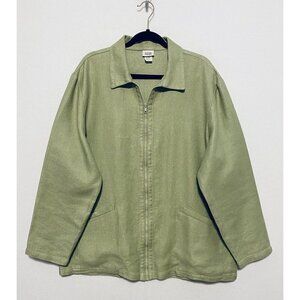 Eileen Fisher Womens Long Sleeves Zip Up Coat Green Linen Lagenlook Large